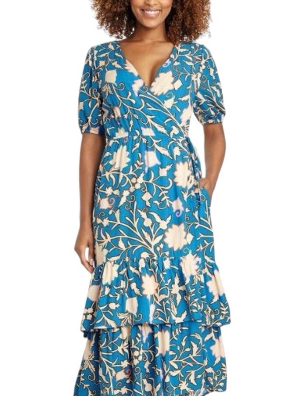 Knox Rose Dress Womens Blue Floral Wrap Puff Sleeve Tiered Midi Pockets Boho